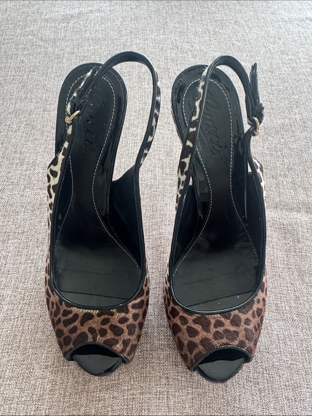Gucci Leopard Print Peep-Toe Slingback Heels - Brown & Black 37.5